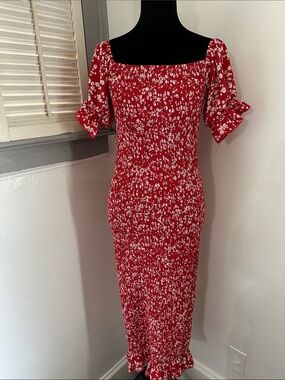 Red Floral Smocked Midi Dress with Puff Sleeves